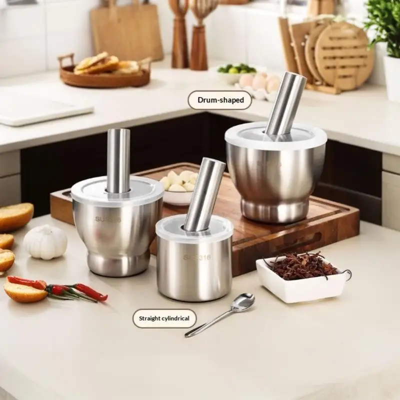 【MA】Mortar And Pestle Stainless Steel Spice Grinder Pill Crusher With Lid Ergonomic Grip For Crushing Grinding