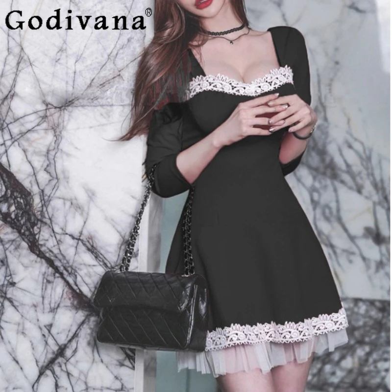 

Large Size Women Spring Autumn Seven-quarter-sleeved Sexy Lace Square Neck Dress Black High Waist Versatile Temperament Dresses