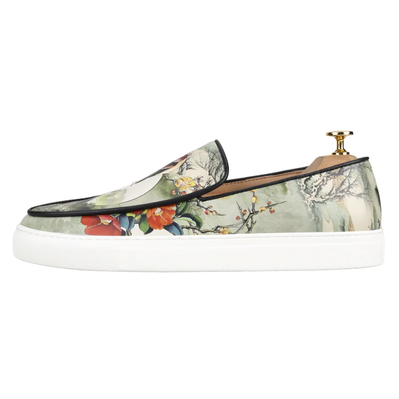 Piergitar Chinese-Style Landscape Floral Print Genuine Leather Slip-On Sneakers Handmade Men's Casual Shoes White Rubber Outsole