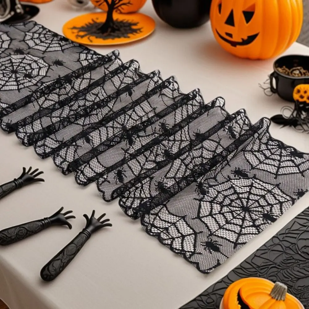 Black Color Halloween Table Runner Long Length Lace Material Spider Web Table Runner Gothic Style Hollow Out Table Runner
