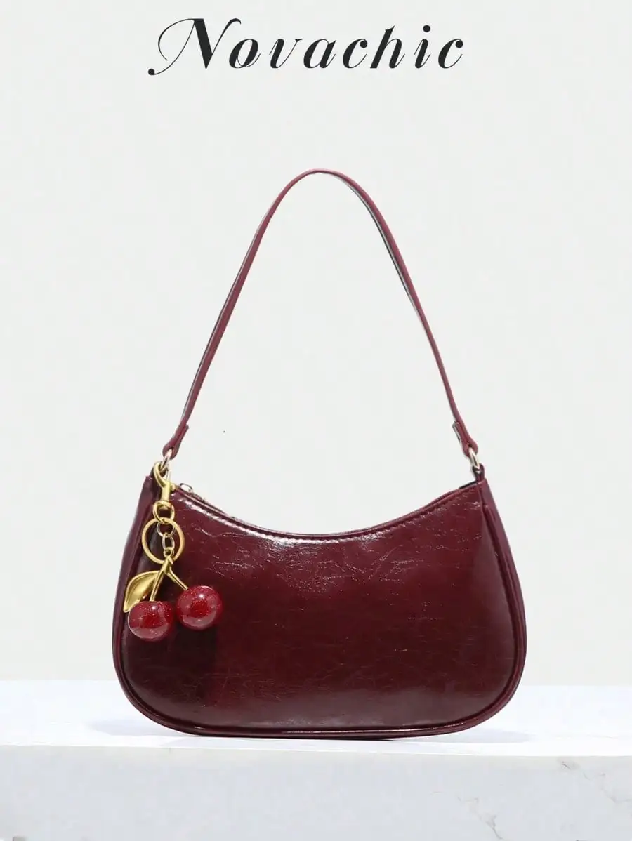 

Women's Retro Cherry Charm Shoulder Bag, Vegan Leather, Zipper Closure, Underarm Style
