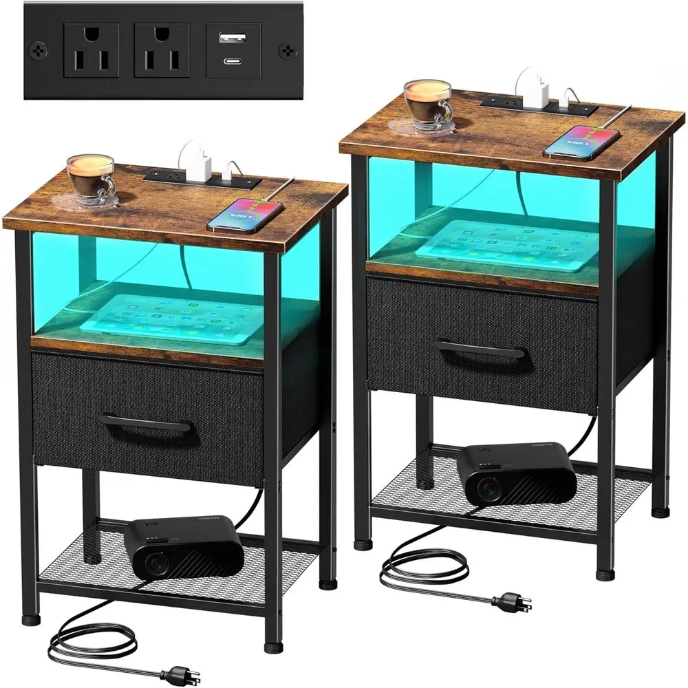 

Nightstands Set of 2 with Charging Station, End Table Bede Table with 20 ColLED Light Strip and 2 Layers Shelf for Bedroom Livin