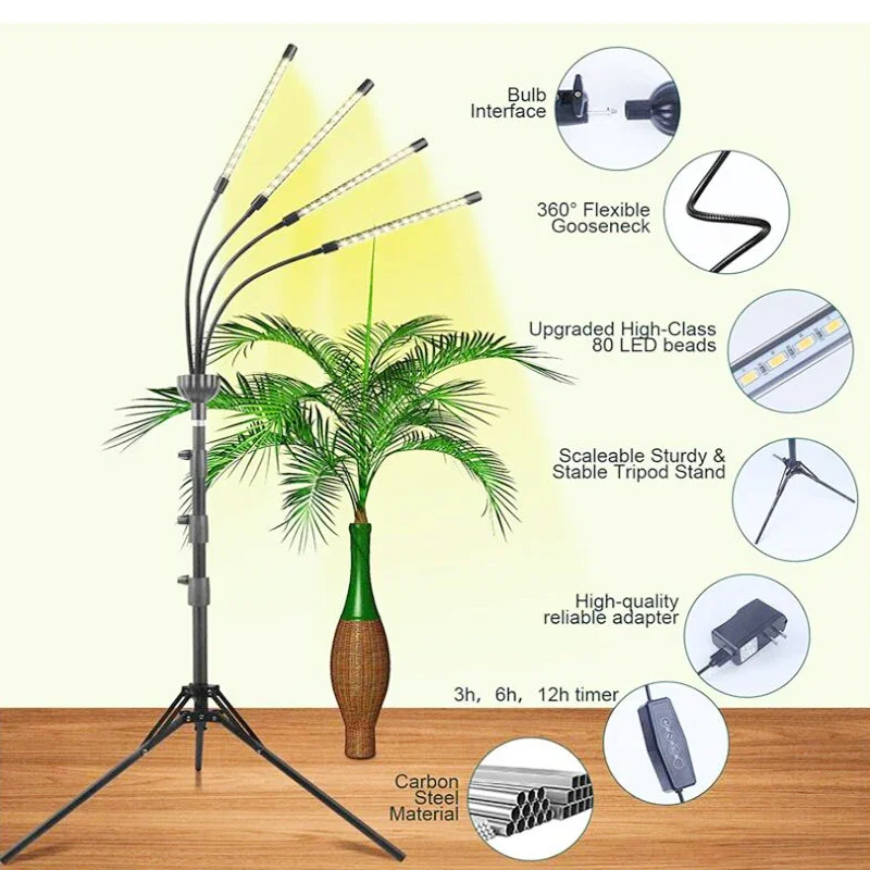 실내 식물용 LED 식물 성장 램프, 5V USB 피토 스트립 라이트, 풀 스펙트럼 피토램프 타이머, 식물 모종 꽃 텐트