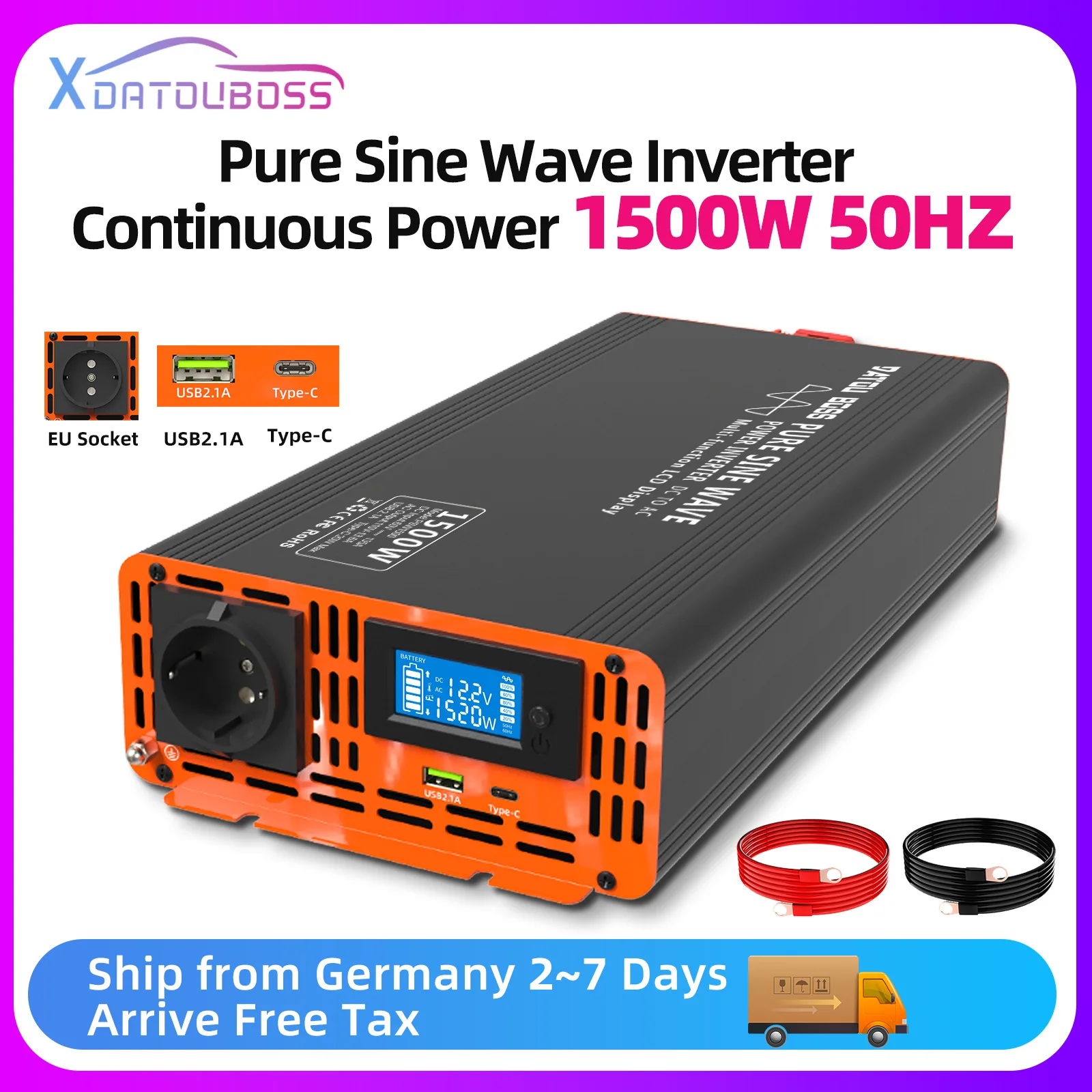 DATOUBoss Inverter Converter 12v 220v 24V 50HZ 1500W DC to AC Voltage Converter Power Supply EU Socket EU Delivery