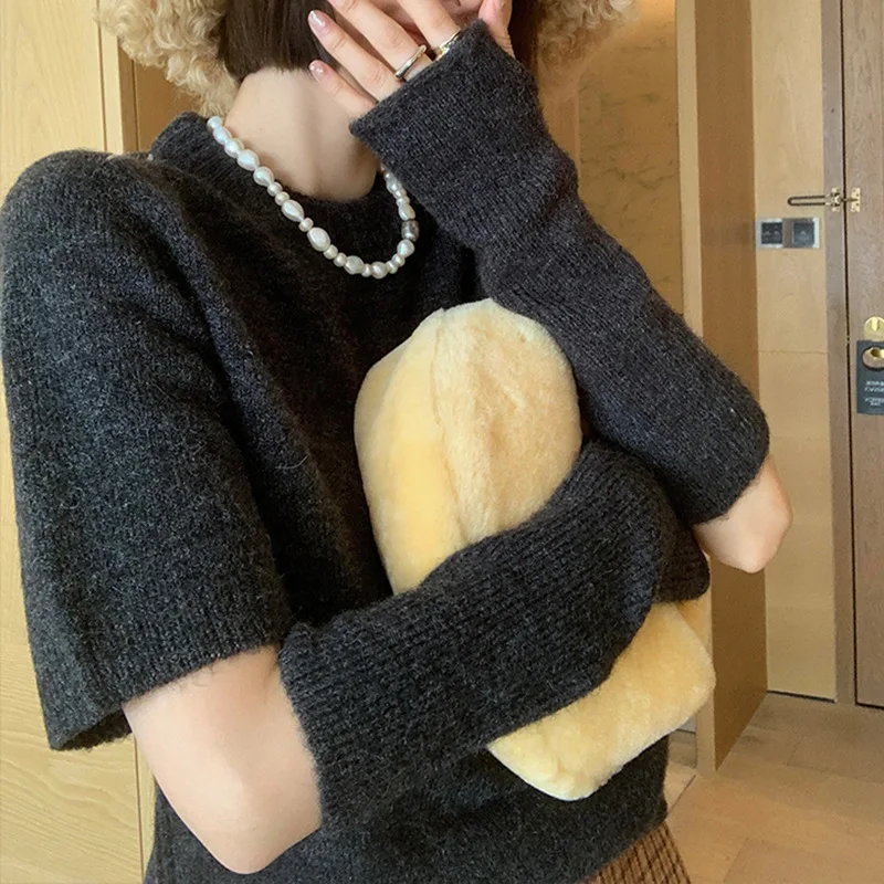 

Retro Lazy Style Sweater with Detachable Sleeve Design Women's Knitted Top Half-sleeved Japanese Simple Fashion Sweater