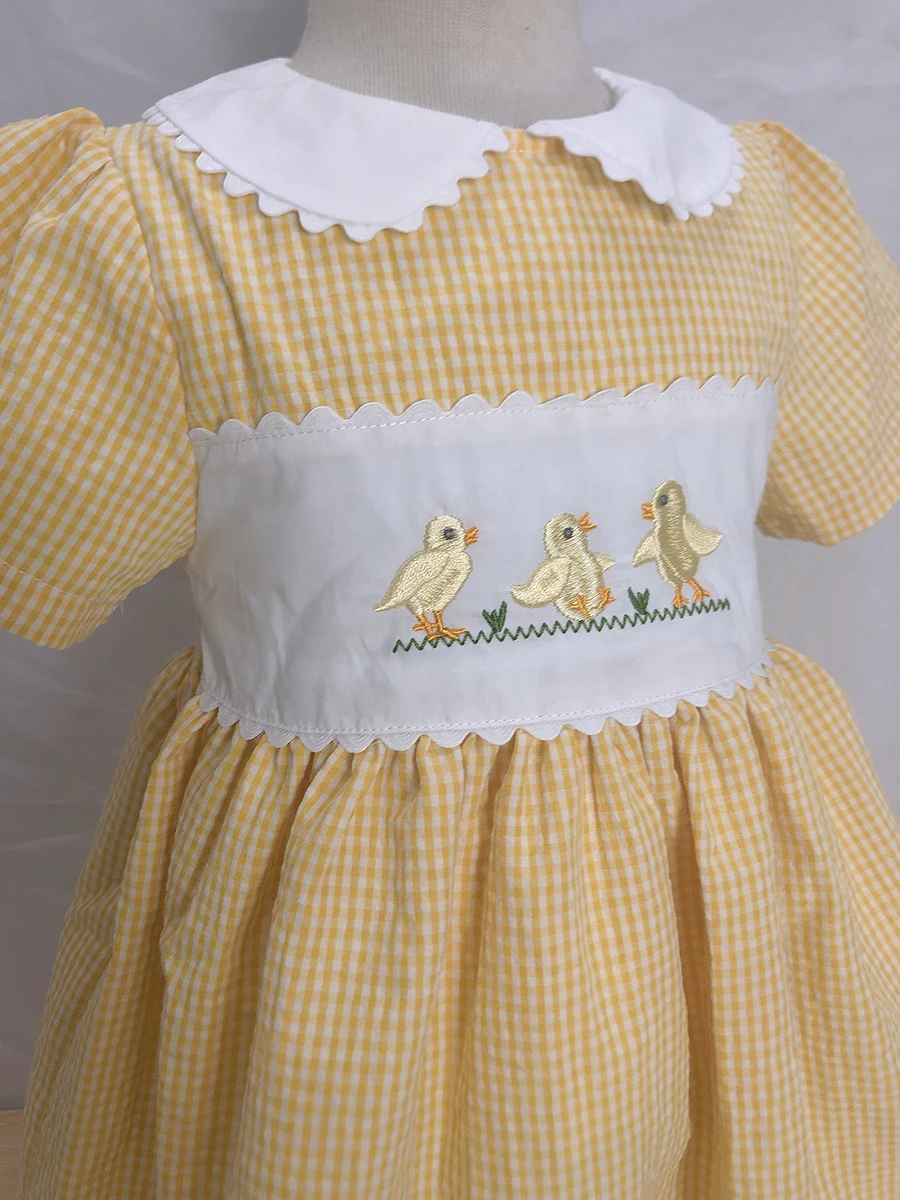 Children Boutique Clothing Summer Girls Short Sleeves Yellow Plaid Embroidered Chick Cotton Dress Cute Skirt Siblings Outfit