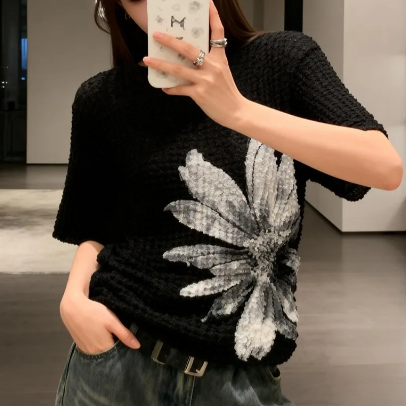 Miyake Pleated T-Shirt for Women Summer 2026 Printed Loose Fit High Elasticity Pleated Plus Size Casual Fashion Thin Pleated Top