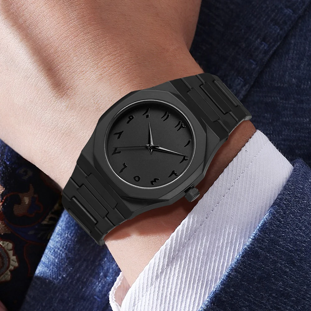 Men's all black octagonal Arabic numeral watch Cuban bracelet cross necklace ring four piece set, not including gift box