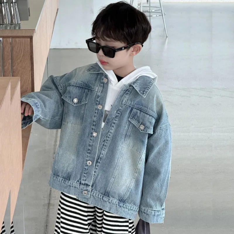 Spring boys and girls vintage turn-down collar denim jacket children soft loose casual Coat