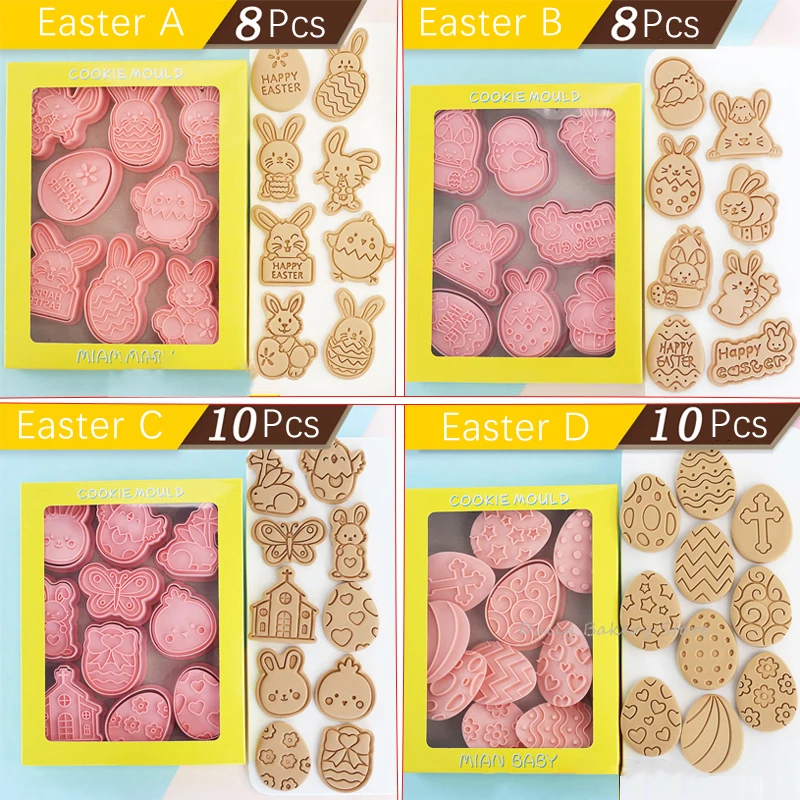 Multiple Sets Cartoon Easter Cookie Cutter Mould Cute Bunny Rabbit Easter Eggs Biscuit Embosser Stamp Baking Fondant Cake Tools