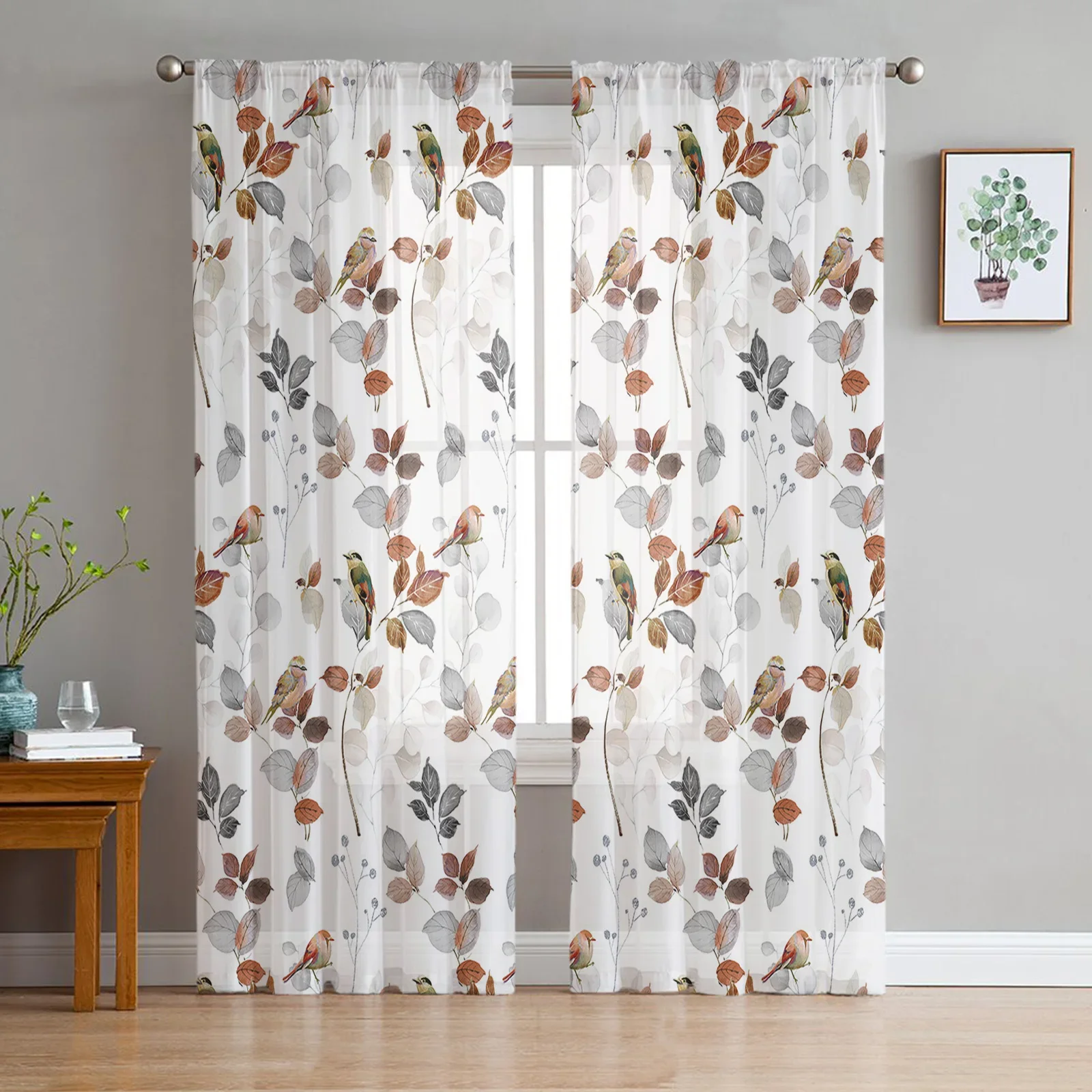 Country Style Leaves Robin Tulle Curtains For Living Room Kitchen Decoration Chiffon Window Treatments Voile Sheer Curtain