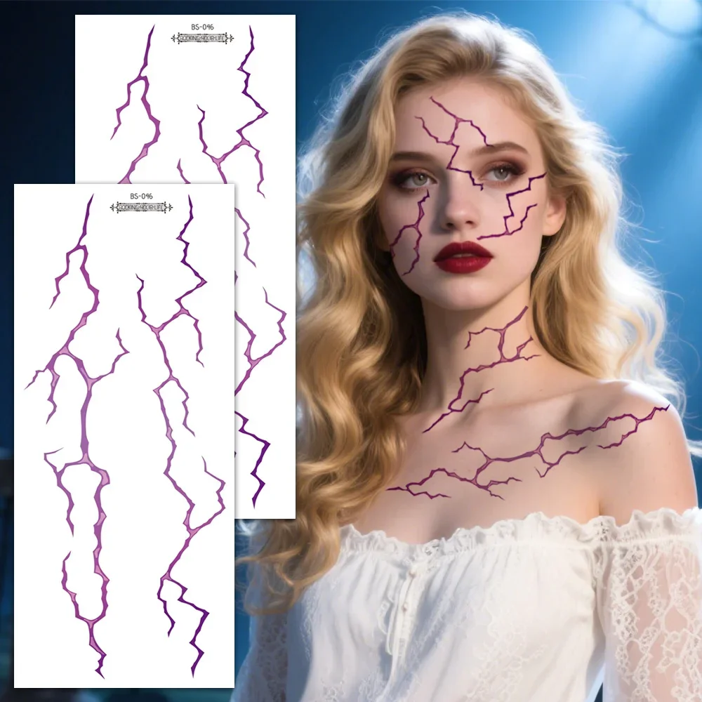 

2PCS Large Fake Tattoo Stickers - Detailed Black and Red Lightning Vein Design for Halloween Party, Face & Body Art Supplies