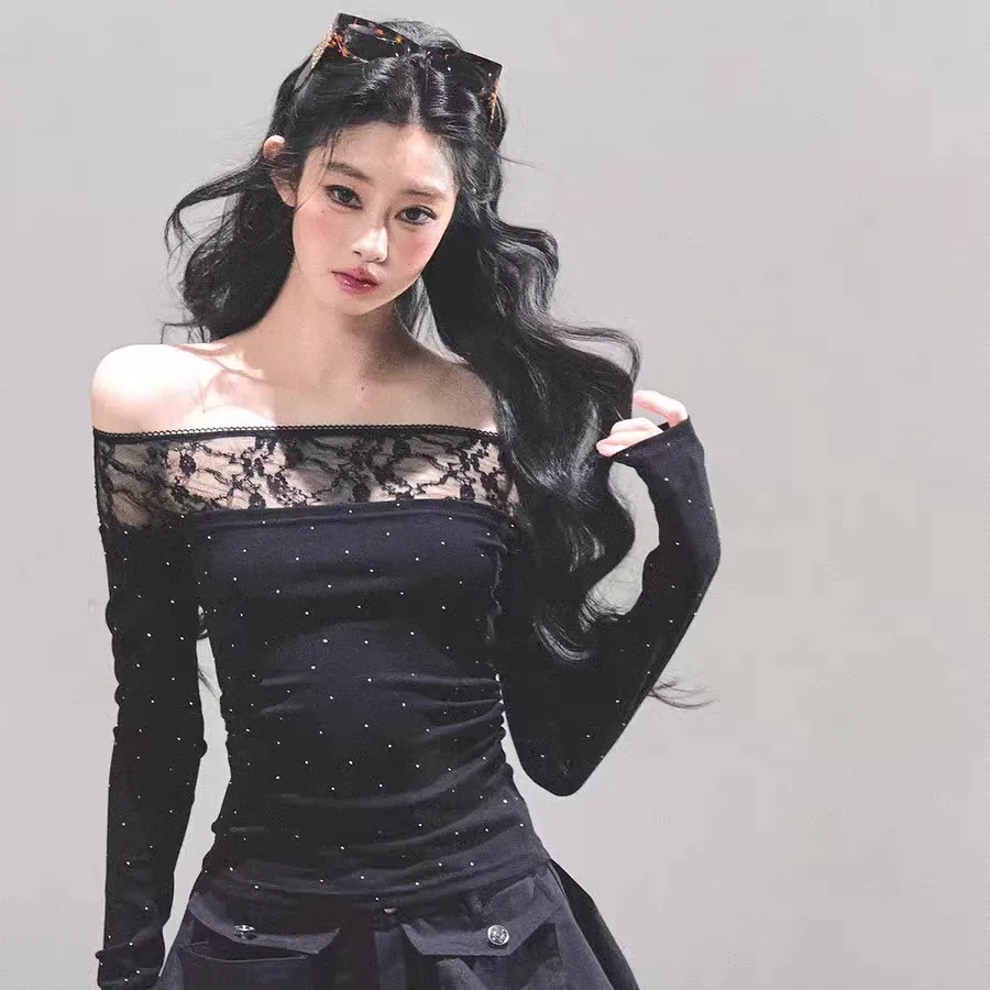 Autumn New Style Pure Desire Lace Diamond One Shoulder Long Sleeve T-Shirt Women Slimming Fixed Band Chest Pad Top
