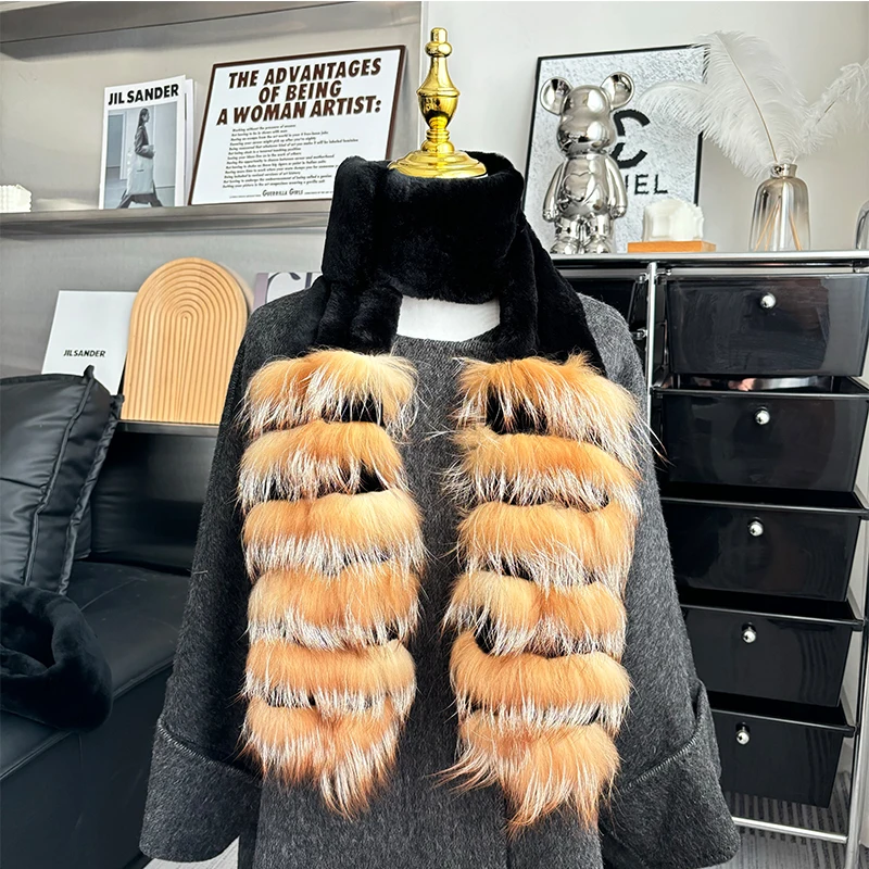 Neuer Schal aus echtem Rex-Kaninchenfell für Damen, Winter-Outdoor-Wärmeisolierung, 100% echter Fuchsfell-Schal, modische dicke Rex-Kaninchenfell-Schals für Mädchen. – Detail 4