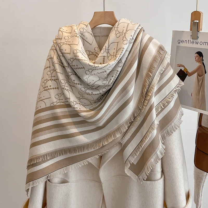 Elegante listrado design cachecol imitação de caxemira macio quente versátil xale à prova de frio à prova de vento cobertor cachecol para outono inverno