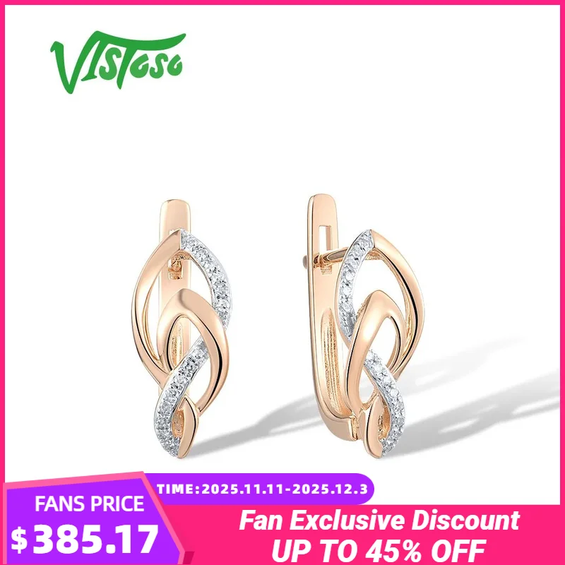 

VISTOSO Authentic 14K 585 Rose Gold Statement Earrings For Lady Sparkling Diamond Double Twist Wedding Engagement Fine Jewelry