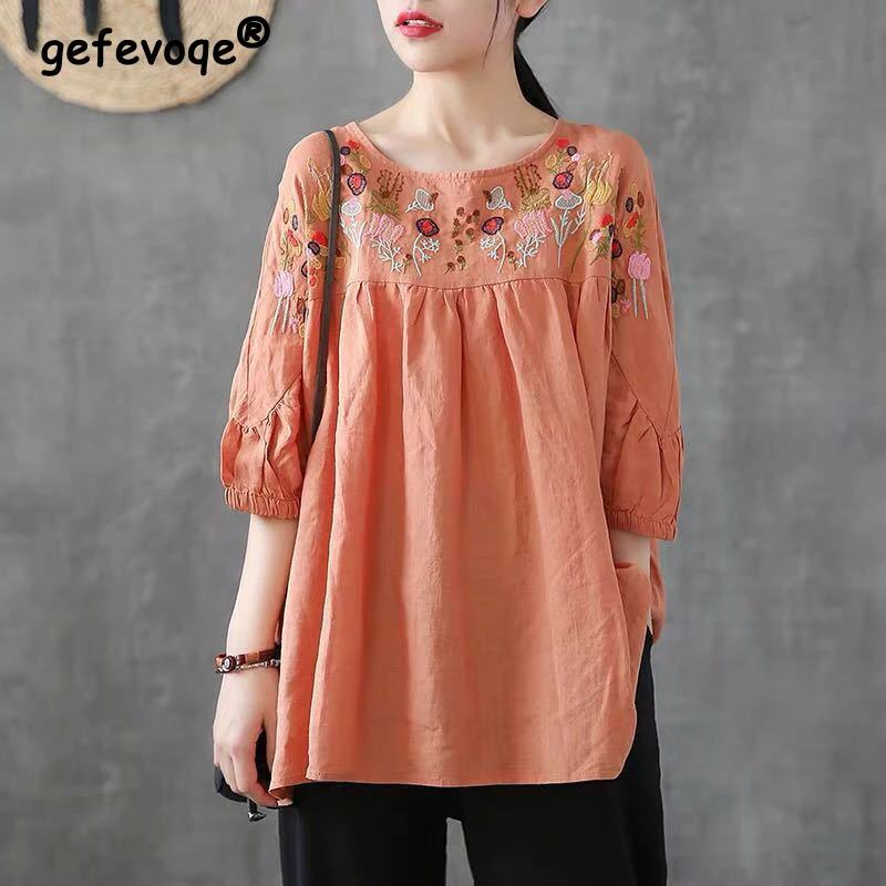 Women\'s Clothing Vintage Embroidery Ethnic Style Oversized Blouse Summer Casual O Neck Half Sleeve Shirt Cotton Tops Y2K Blusas