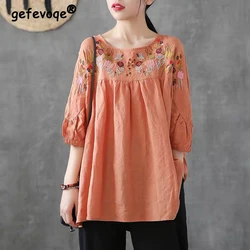 Roupas femininas Bordado Vintage Estilo Étnico Oversized Blusa Verão Casual O Pescoço Meia Manga Camisa Algodão Tops Y2K Blusas