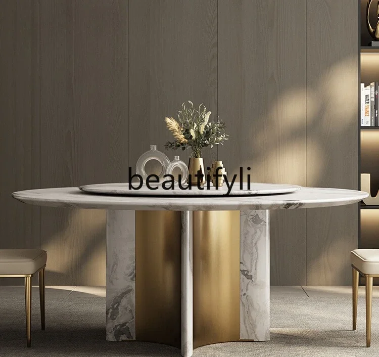 

High-end natural marble light luxury high-end round dining table and chair combination living room home