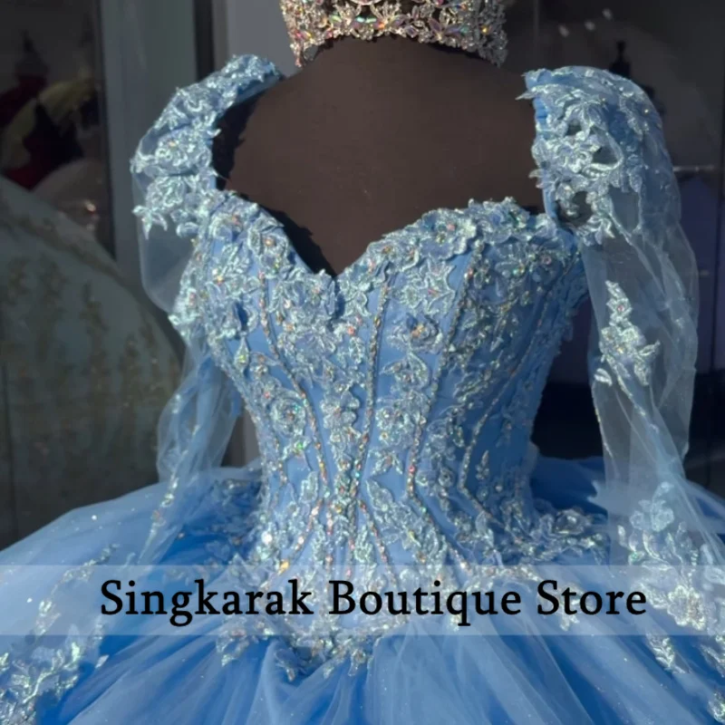 Vestidos De Quinceañera De princesa azul cielo, lazo, Mangas desmontables, apliques De encaje, cuentas De cristales, vestido De baile De lujo De 15 Años