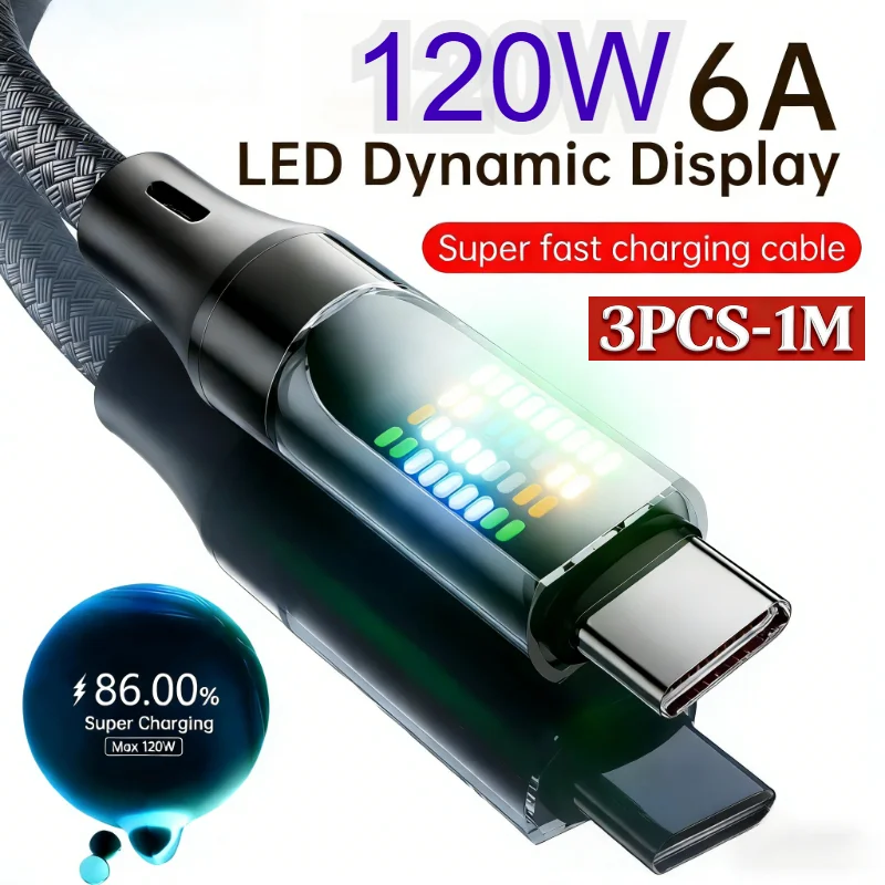 

3PCS-1M 120W Type C Fast Charging Cable 6A USBA to Type C Nylon Data Cord for Xiaomi Samsung With Led Display USB C Cable