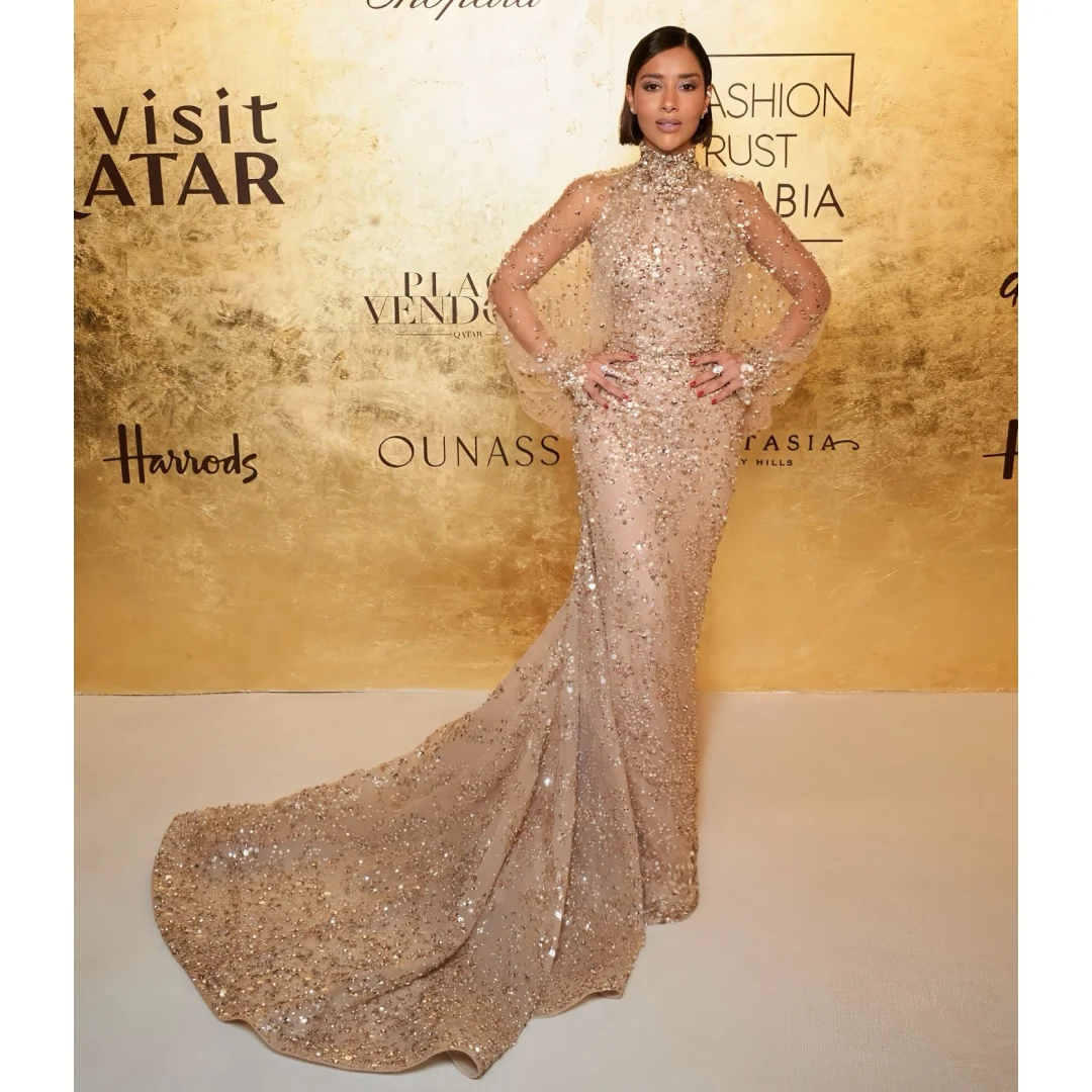 

Stunning Sequin Evening Dresses Woman Loose Long Sleeve Prom Dress Exquisite Sweep Train Wedding Party Gown Customized Vestidos