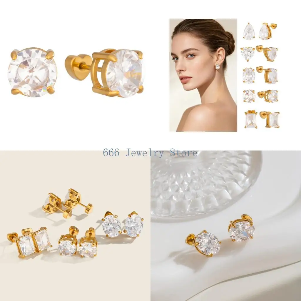 F2TD Post Back Clear Stone Ear Studs, Zirconia Pair for Everyday Jewelry Styling, Work Looks, Date Ready Wear and Social Plans