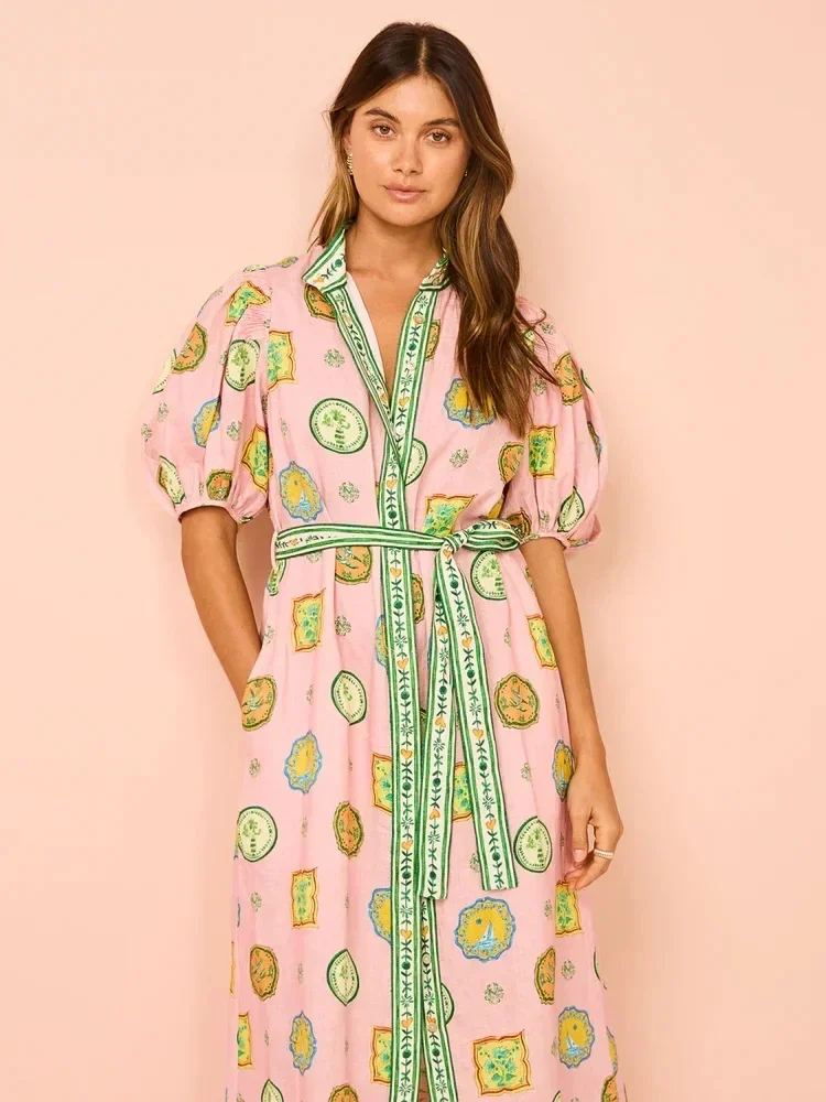 Vestido largo de manga corta con estampado Vintage para mujer, vestido Midi informal a la moda, elegante, para fiesta y vacaciones, novedad de 2024