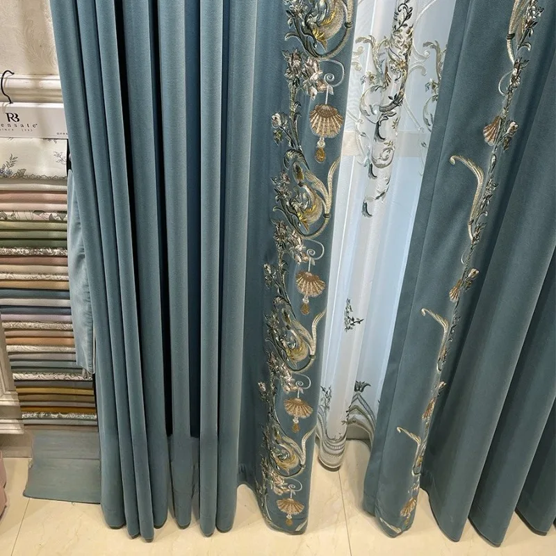 Luxury European Velvet Embroidery Curtains for Living Room Bedroom Dining Haze Blue Blackout Custom Size White Tulle Valance