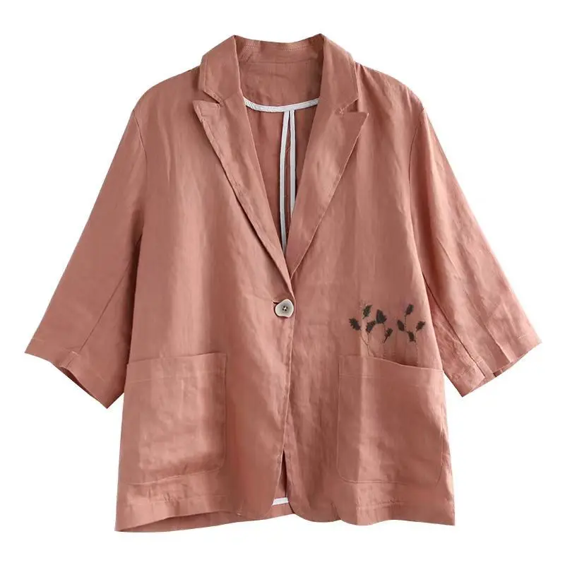 Spring Summer Temperament Office Lady Leisure Loose Linen Blazer Coats For Women Single Buckle Vintage Embroidery Thin Suit Tops