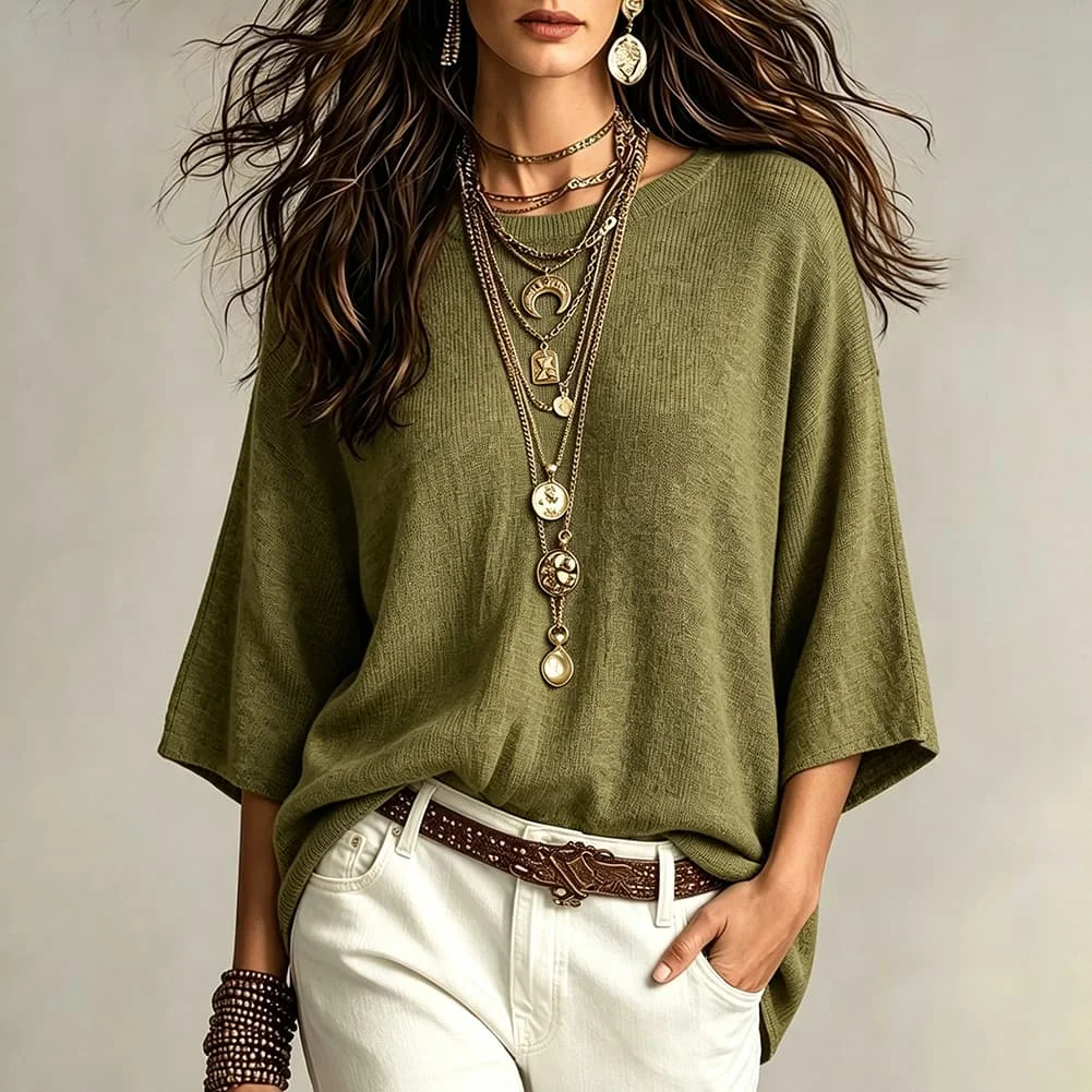 Womens Casual Solid Color Knit For Top Neck Three Quarter Sleeves Polyester for Summer Beach Holiday Activities