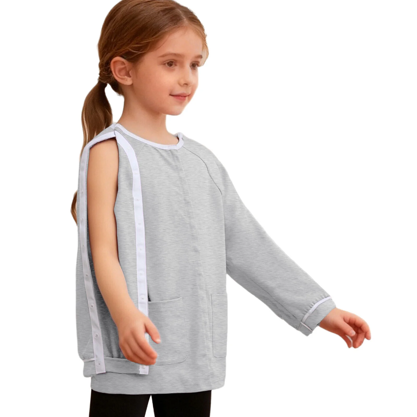 ملابس مناسبة للأطفال والأولاد والبنات ذات الاحتياجات الخاصة، زي ما بعد العملية الجراحية، أزرار ضغط مفتوحة بالكامل وأكمام طويلة مع جيوب