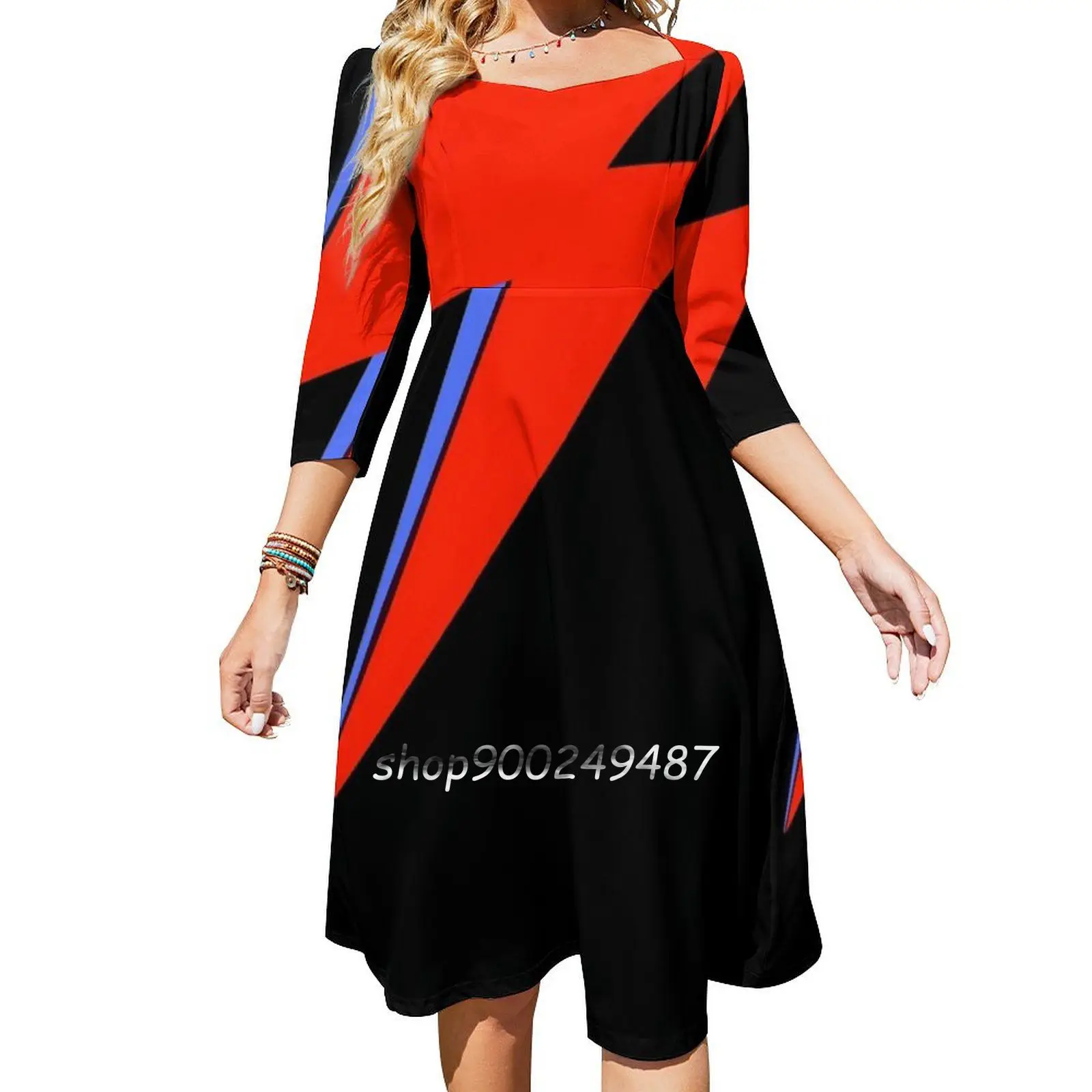 Aladdin Sane Square Neck Dress Cute Loose Print Dresses Elegant Beach Party Dress Aladdin Sane Lightning Bolt Music Iconic Bold