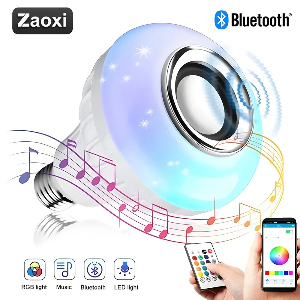 ZAOXI E27 ลําโพงบลูทูธเพลงหลอดไฟ RGB หลอดไฟ 12W 85-265V พร้อมรีโมทคอนโทรลสําหรับห้องนั่งเล่นห้องนอนโคมไฟตกแต่งบ้าน