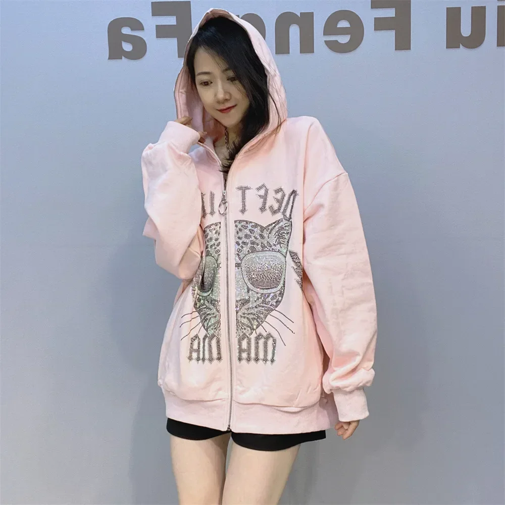 Loose Cardigan Hooded Sweatshirts Women Oversized Jacket European Goods Hot Diamond Cartoon Top Mid Length Zip Up Hoodie