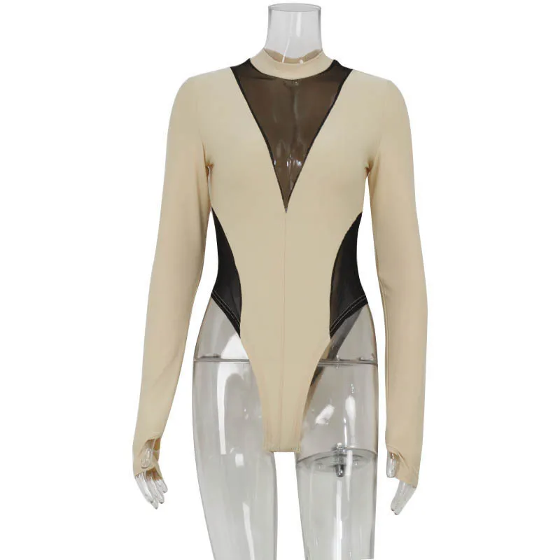

2025 new mesh fabric patchwork sexy hot girl style slim long-sleeved jumpsuit yoga wear, women's top