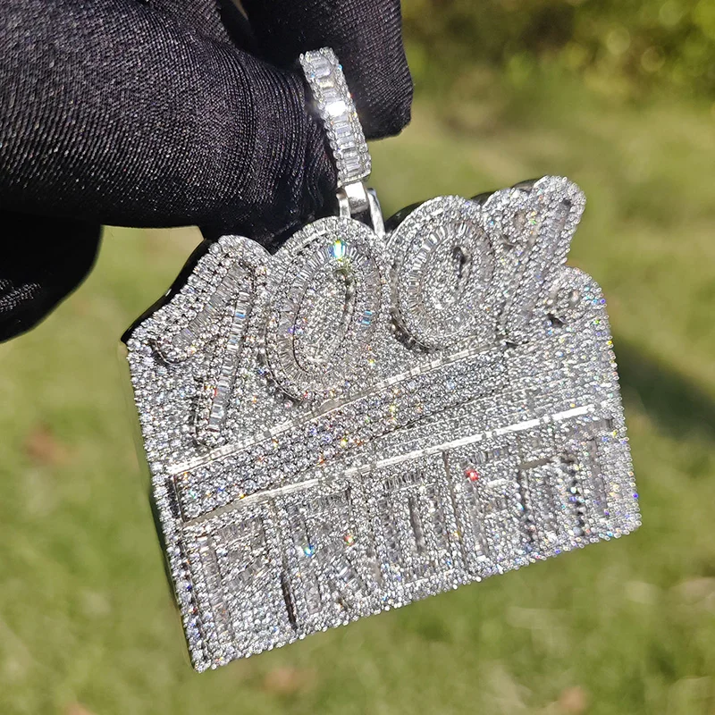 Hip Hop 3A+ CZ Stone Paved Bling Iced Out 100% Profit Letter Pendant Necklace for Men Club Rapper Jewelry Gold Silver Color