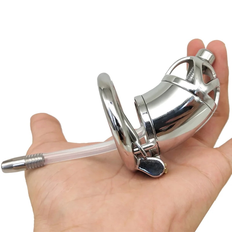 Stainless Steel Chastity Device with Urethral Catheter and Anti-Shedding Ring Chastity Cage Man Penis Ring Adult Sex Toy for Men