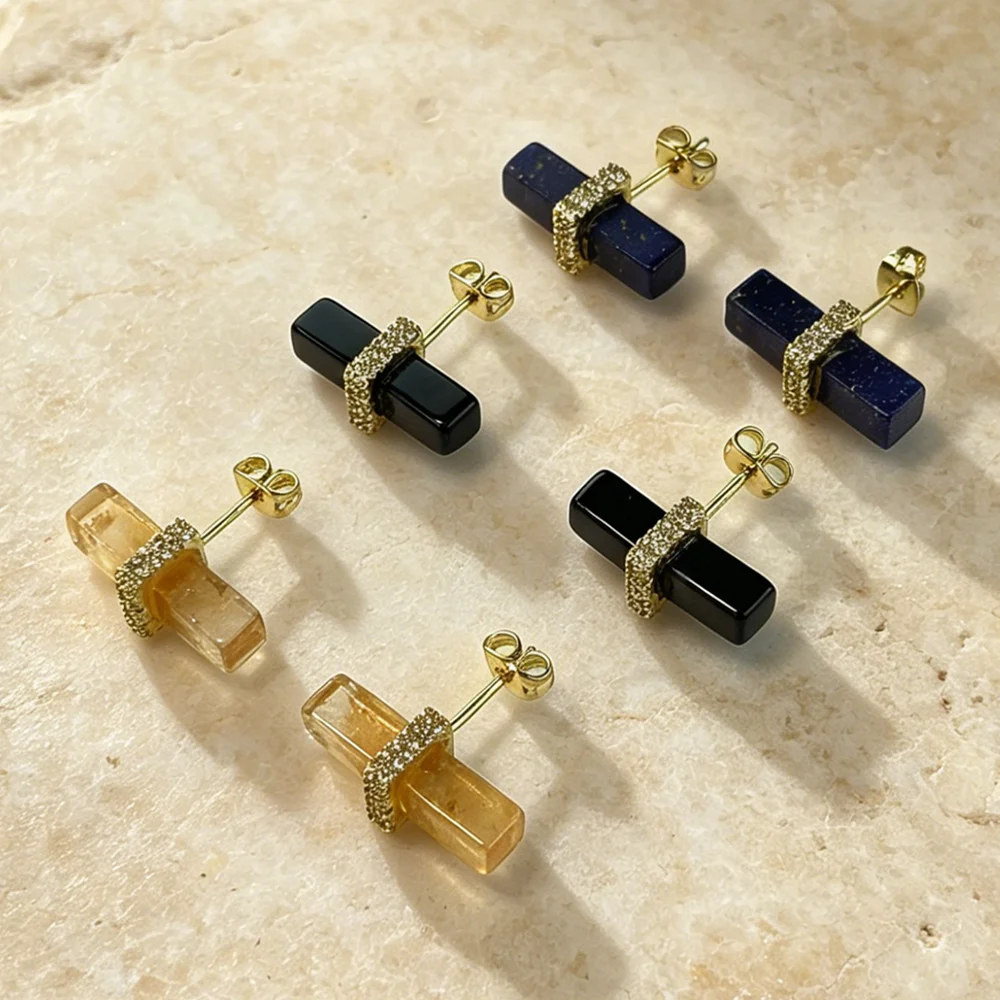Assorted Natural Semi Precious Stone Bar Stud Earrings 18K Gold Plated Micro Paved Band Wholesale for Business Attire E2R232