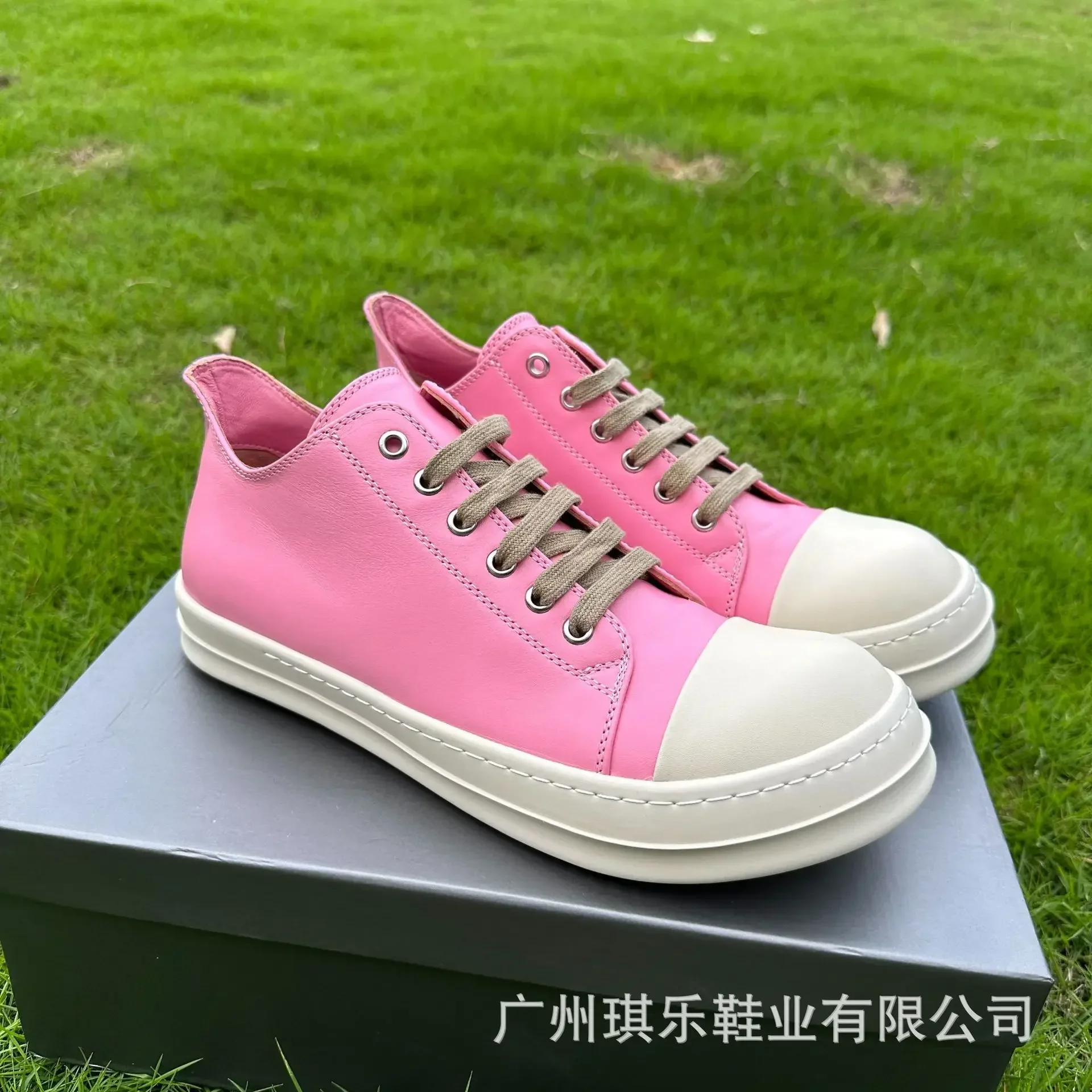 New RO Men's and Women's Pink Low-cut Leather Casual Shoes Designer Ladies Thick Soles Increase Joker Casual Shoes Brand Shoes