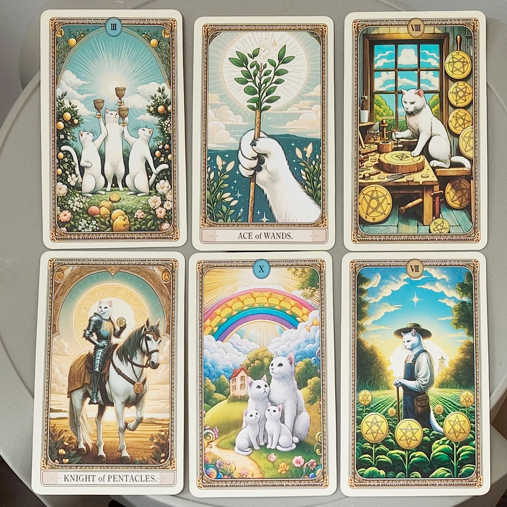 Cat Tarot Deck 11*6.2cm 78 Cards with Guidebook, Cute White Cat Theme Tarot Cards Fortune Telling Cards in Portable Tin Box view 2