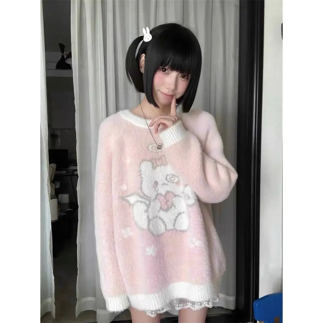 Japanese College Style Angel Cat Imitation Mink Fur Round Neck Sweater Women Clothing Thick Loose Knitted Pullover Women Tops