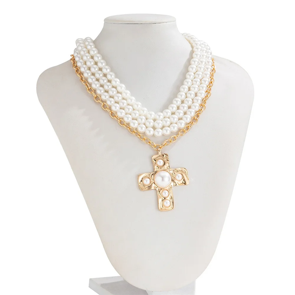 Goth Cross Pendant Necklace Set for Women Fashion Multilayer Imitation Pearl Chain Necklace Punk Y2K Neck Grunge Jewelry Gifts