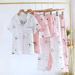 2024 Summer New Women's Pajamas Three piece Set 100% Pure Cotton Crepe Short Sleeves+Shorts+Long Pants Thin Home Fury Ladies