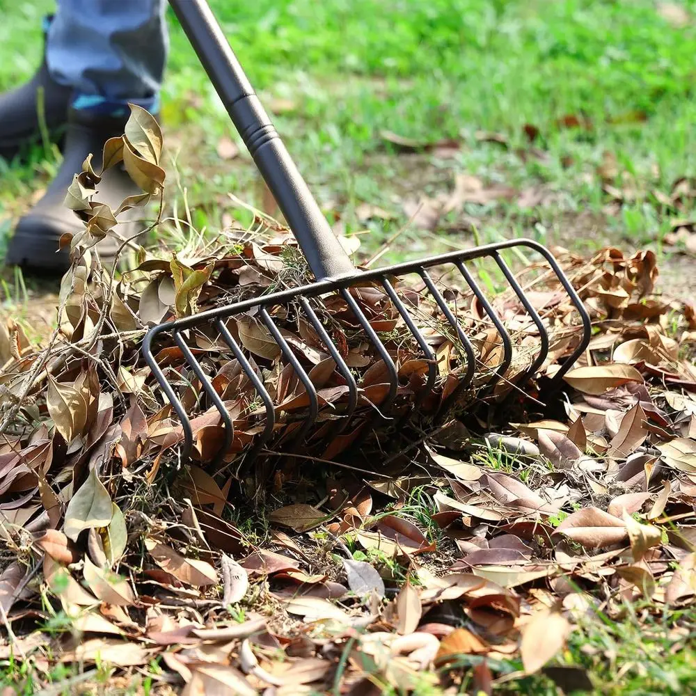 

16-Inch Heavy-Duty Metal Garden Rake with 56-Inch Handle and 11 Steel Tines for Lawn Care and Leaf Removal