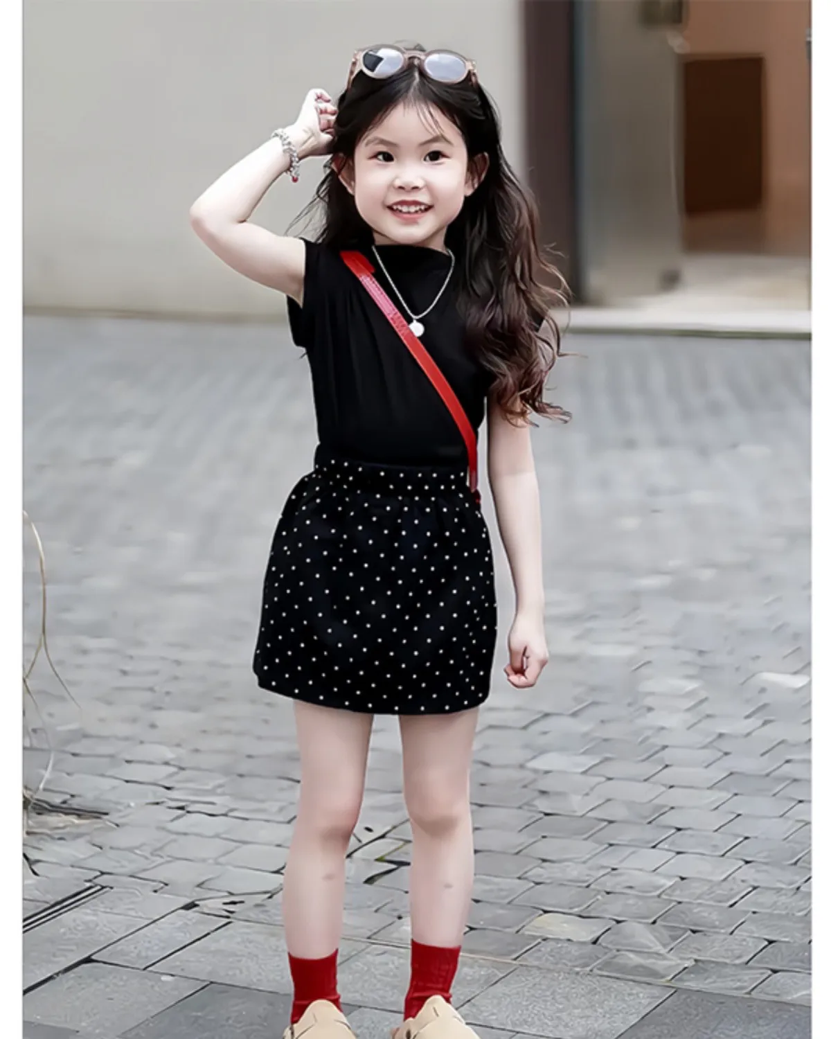 طقم بناتي صيفي جديد النسخة الكورية للأطفال بأكمام قصيرة T + تنورة منقط مكونة من قطعتين