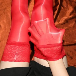 Wide Lace Top Silicone Hold Up Thigh High Stockings Women Sexy Oil Shiny Silky Transparent Party Socks 8D Ultra Thin Underwear