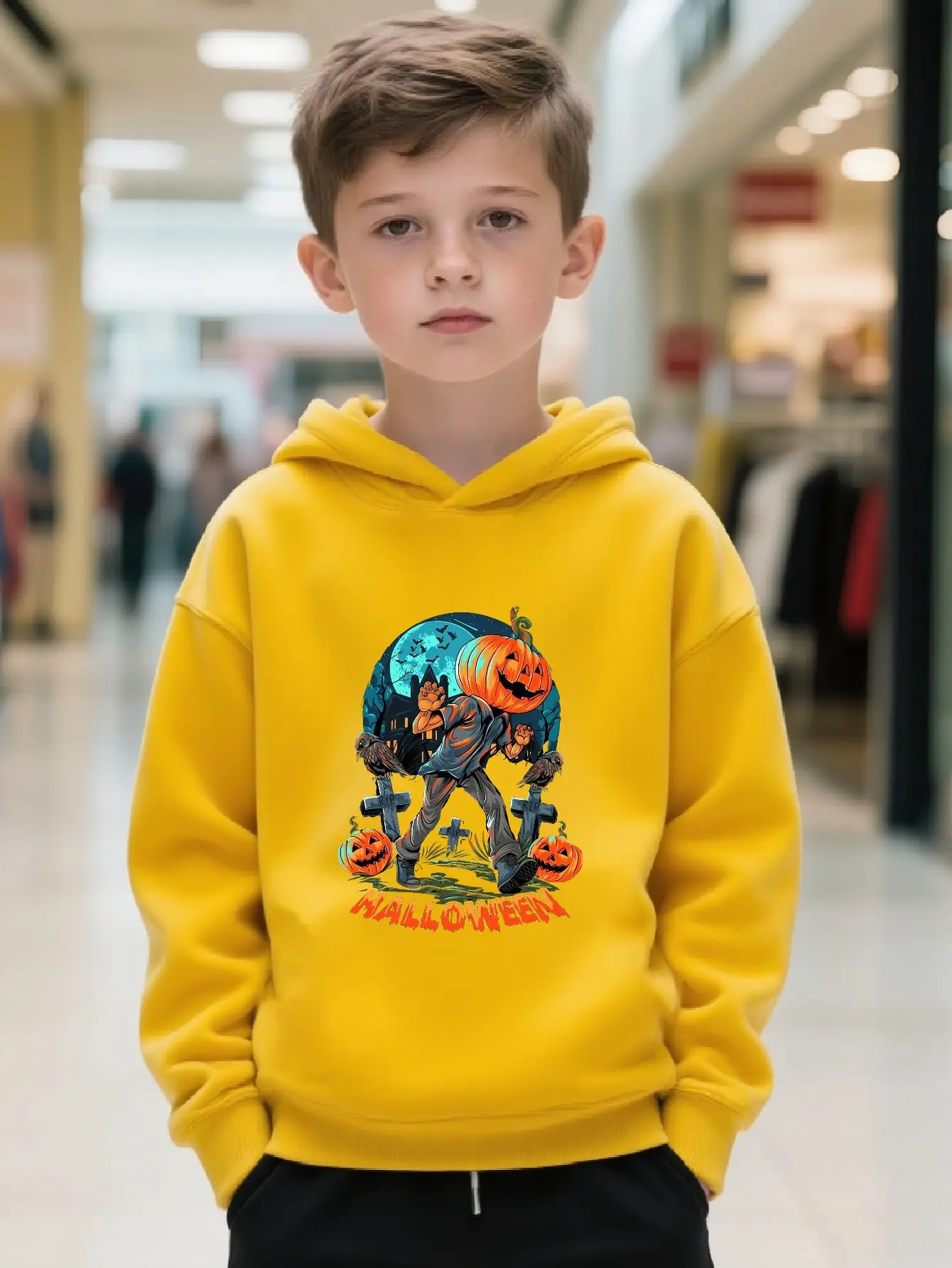 Halloween Collection: Funny Pumpkin Head Zombie Walk, Haunted HouseTombston BatCrow 2D Print Hoodies for BoysPopular Fun Hoodies