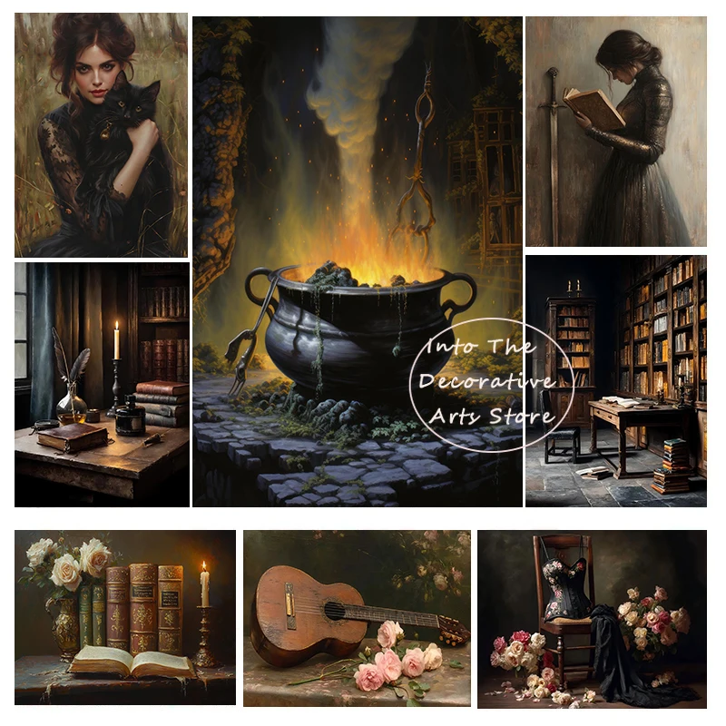 Dark Academia Bookcase Plants Spooky Candle Magic Potion Apothecary Vintage Canvas Painting Wall Art Picture Abstract Home Decor