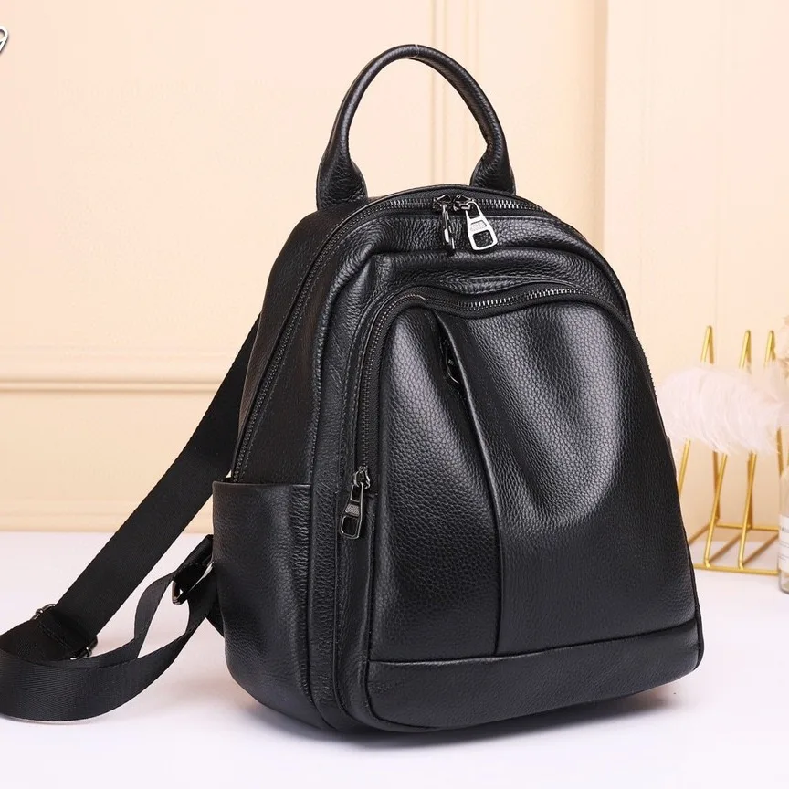 

Black Real Cow Leather Backpack Women Casual Anti-theft Ladies Genuine Leather Shoulder Bag Solid Pattern Girls School Bagpack
